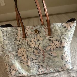 Tory Burch tote - light green, blue and pink pattern.